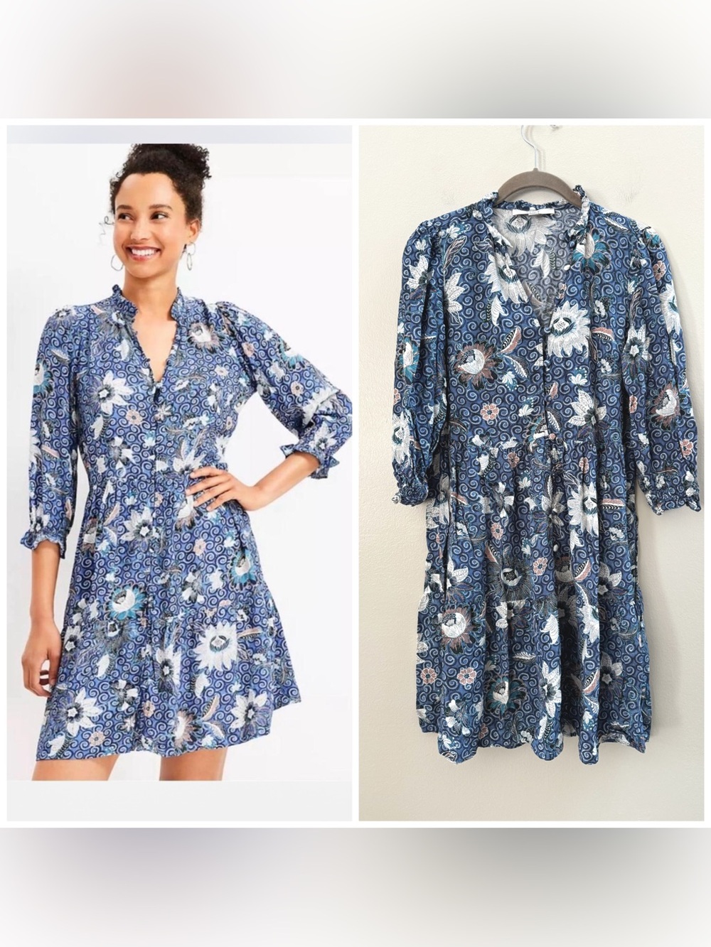 Loft Blue and White Button Up Floral Boho Cottagecore Dress XS